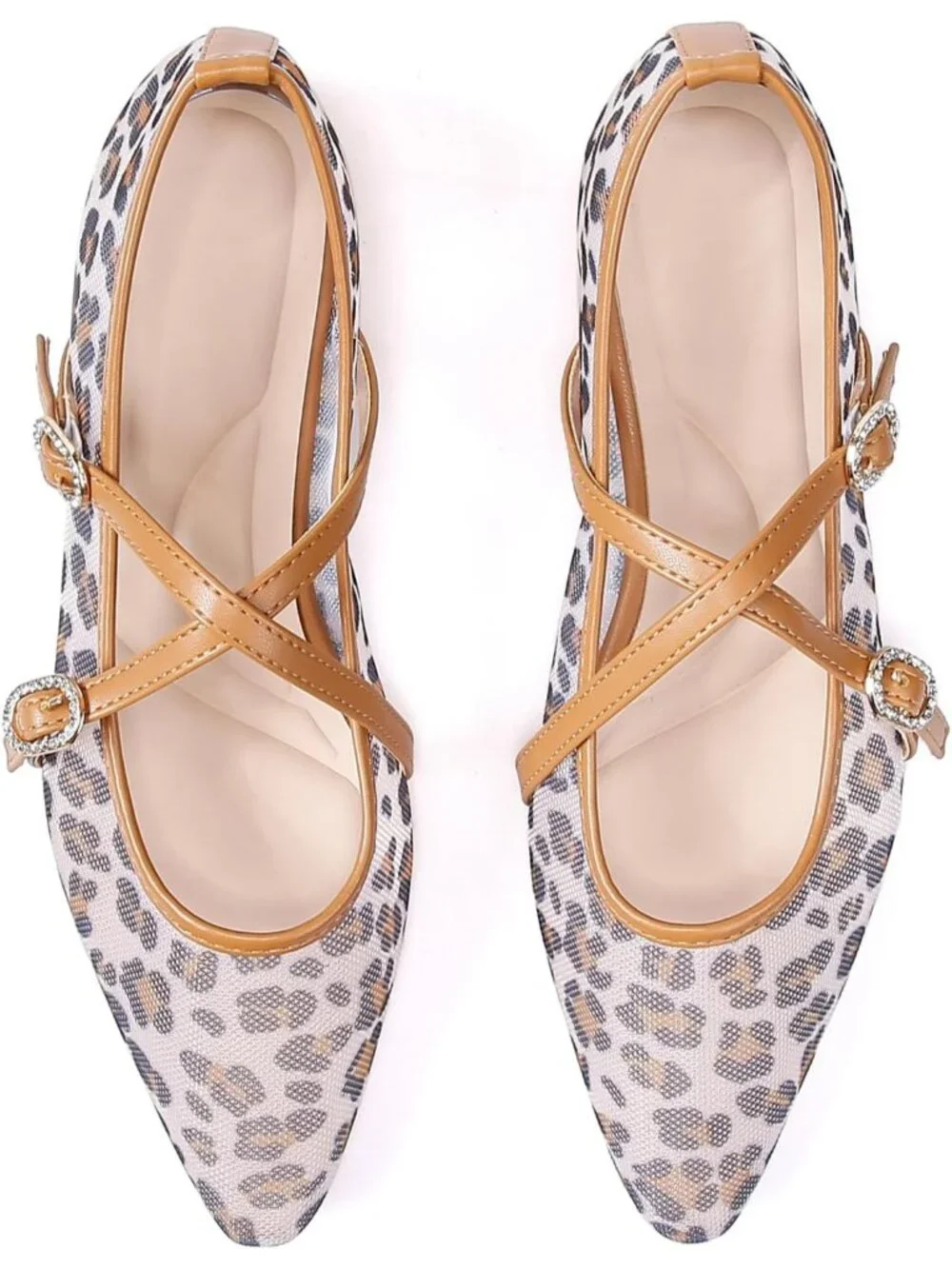 Women's Brown Leopard Mesh Flats Cross Ankle Strap Flat Slip On Comfortable - Picture 1 of 7